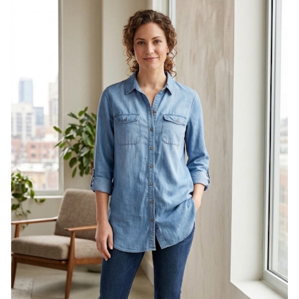 Chico's Classic Chambray Denim Boyfriend Shirt Button Front Sz 1 medium 8-10